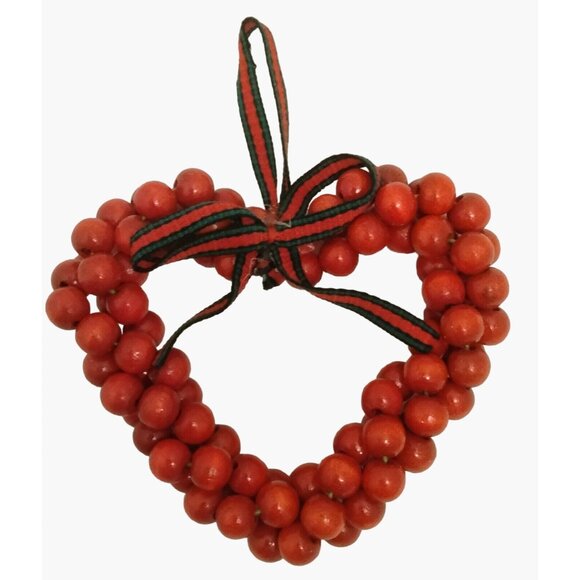 Red Wood bead Heart Ornament Valentine Christmas Wedding 4 inch USA - Picture 1 of 4